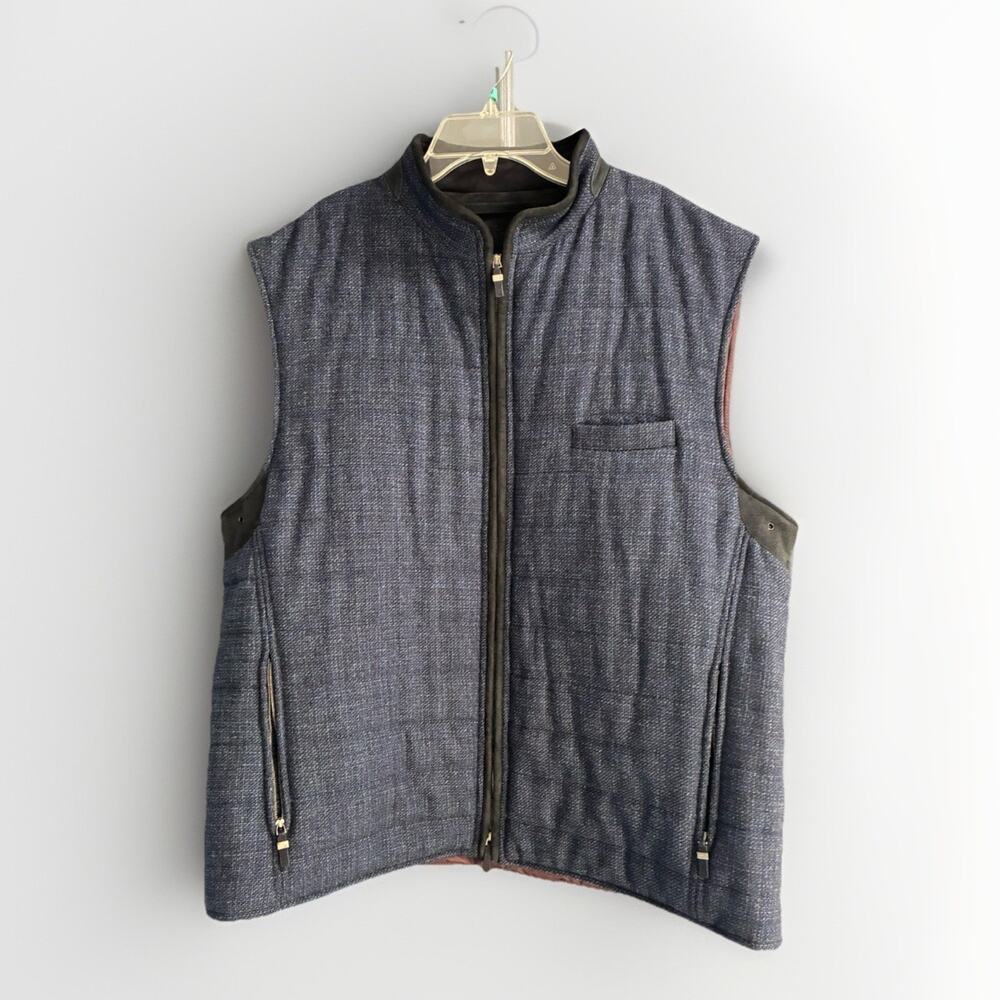 LUCIANO Barbera Wool Vest/Gilet | EU 58 | Leather Trim | Italy Quilted Navy 3XL